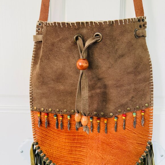 Handmade Leather Patchwork Crossbody Shoulder Bag with Fringe and Beading - Picture 5 of 15